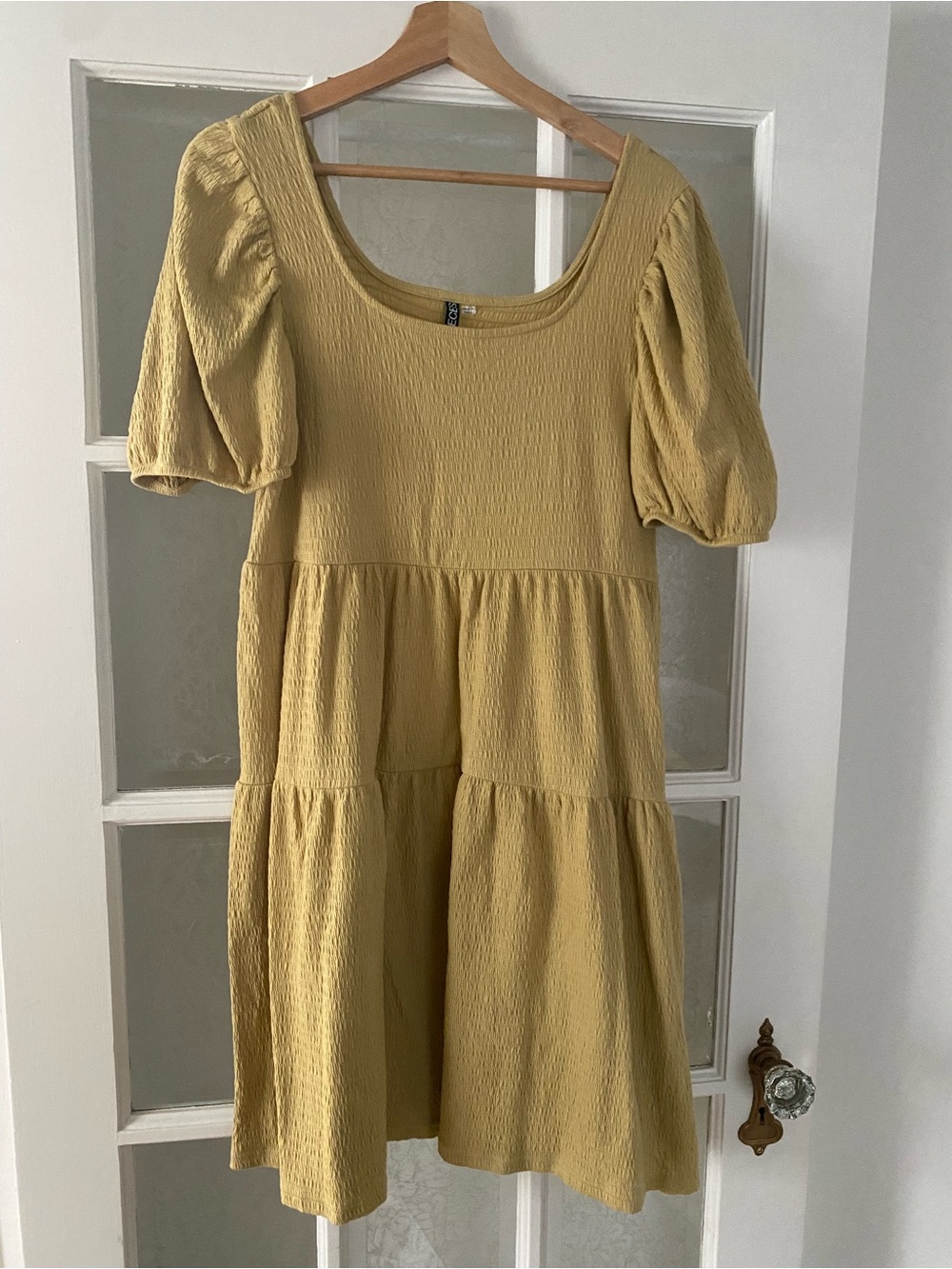 ASOS Mustard Tiered Midi Dress with Puff Sleeves